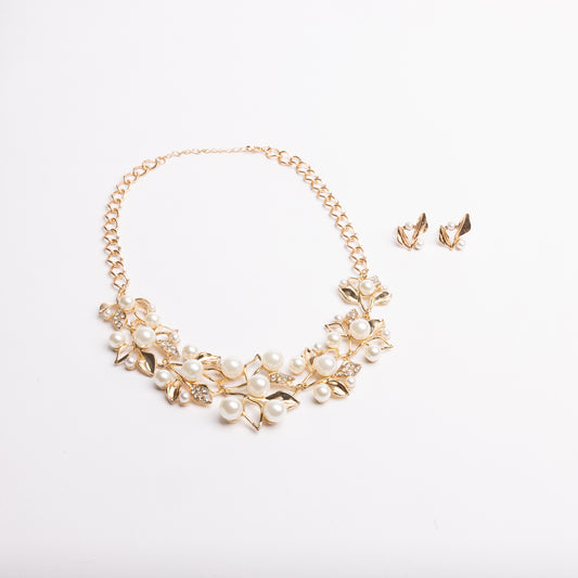 Pearl & Leaf Necklace + Earring Set